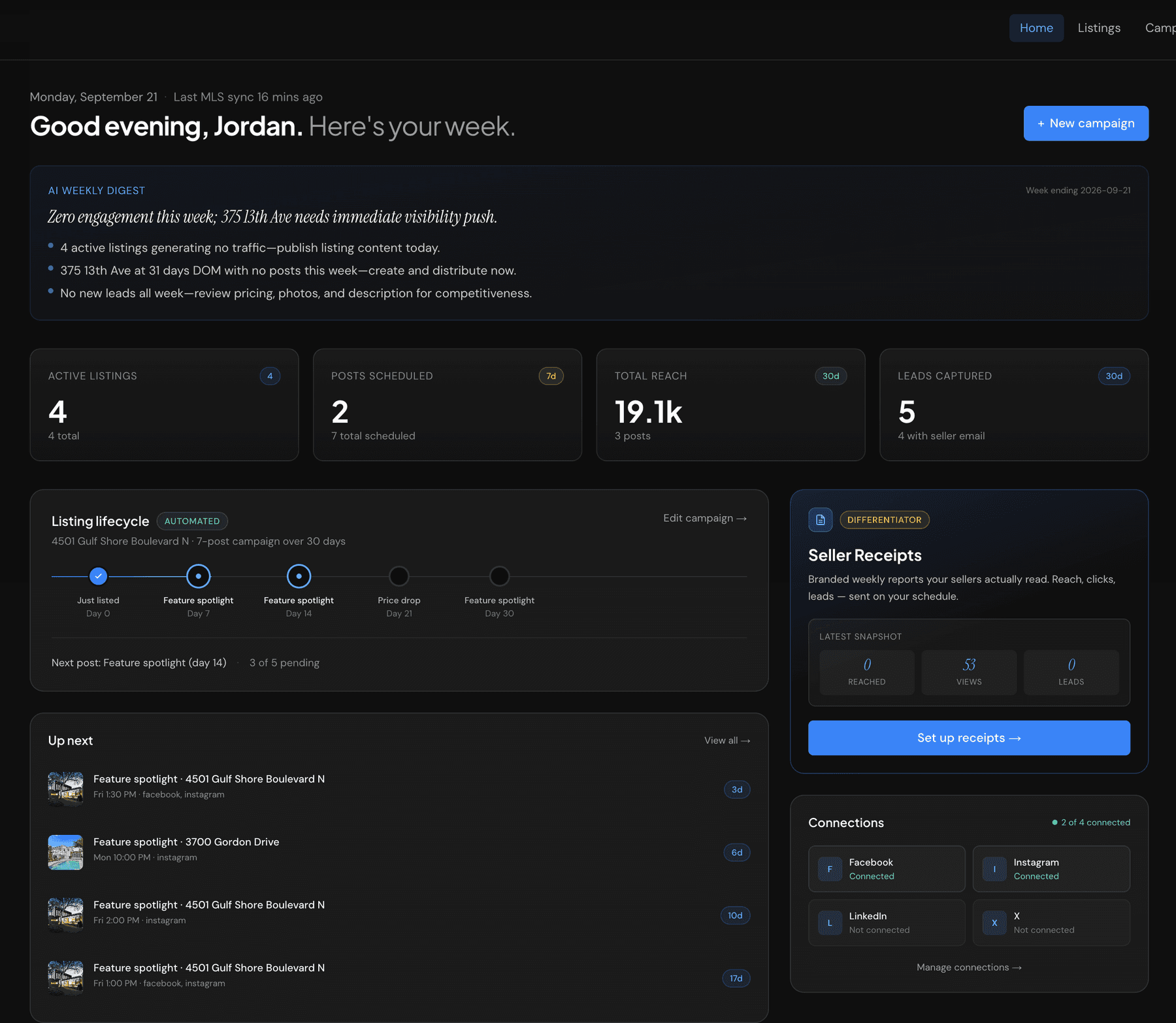 The Keypost home screen: weekly digest, listing campaign timeline, and upcoming posts